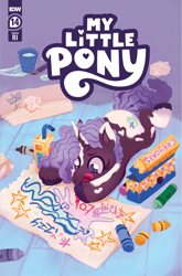 Size: 2063x3131 | Tagged: safe, artist:justasuta, idw, imported from derpibooru, izzy moonbow, pony, unicorn, spoiler:comic, spoiler:g5, spoiler:g5comic, spoiler:g5comic14, coat markings, comic cover, crayon, crayon box, cute, drawing, dreadlocks, eyebrows, female, filly, foal, g5, high res, implied izzy moonbow, juice, juice box, lying down, my little pony logo, official, official comic, pinto, prone, signature, unshorn fetlocks, violette rainbow, violettebetes, vitiligo