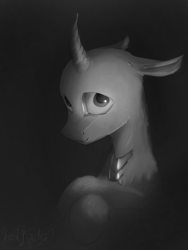 Size: 1072x1428 | Tagged: safe, artist:geljado, imported from derpibooru, oc, oc only, oc:sasir, changeling, bust, changeling oc, digital art, floppy ears, looking at you, monochrome, portrait, signature, smiling, smiling at you, solo