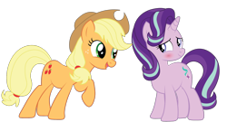 Size: 1950x1050 | Tagged: safe, artist:prixy05, imported from derpibooru, applejack, starlight glimmer, earth pony, pony, unicorn, blushing, duo, duo female, female, glimmerjack, lesbian, looking at each other, looking at someone, mare, open mouth, open smile, raised hoof, shipping, simple background, smiling, smiling at each other, transparent background, vector