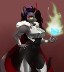 Size: 882x1000 | Tagged: safe, artist:inkypuso, imported from derpibooru, king sombra, anthro, unicorn, abs, armor, breasts, busty queen umbra, cape, clothes, crystal heart, female, fire, gradient background, hand on hip, mare, muscles, muscular female, queen umbra, rule 63, scar, solo