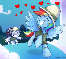 Size: 2504x2240 | Tagged: safe, artist:lummh, imported from derpibooru, rainbow dash, soarin', pegasus, pony, book, clothes, commission, duo, eyes closed, female, grin, hat, heart, high res, male, mare, shipping, signature, smiling, soarindash, spread wings, stallion, straight, wings