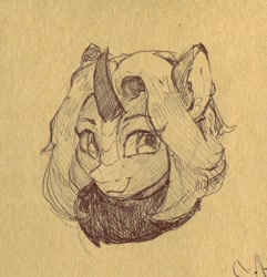 Size: 1236x1280 | Tagged: safe, artist:laymy, imported from derpibooru, oc, oc only, kirin, bust, kirin oc, monochrome, pencil drawing, sketch, smiling, solo, traditional art