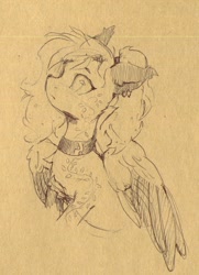 Size: 928x1280 | Tagged: safe, artist:laymy, imported from derpibooru, oc, oc only, pegasus, pony, bust, choker, monochrome, pencil drawing, sketch, solo, traditional art