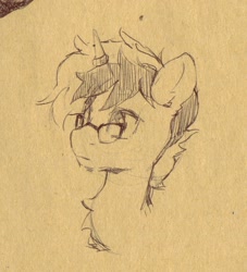 Size: 1163x1280 | Tagged: safe, artist:laymy, imported from derpibooru, oc, oc only, pony, unicorn, bust, glasses, horn, horn ring, monochrome, pencil drawing, ring, sketch, smiling, solo, traditional art