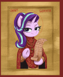 Size: 1735x2135 | Tagged: safe, artist:t72b, imported from derpibooru, starlight glimmer, pony, unicorn, clothes, cross, cross necklace, eye clipping through hair, eyebrows, female, fine art parody, halo, historical roleplay starlight, holiday, hoof hold, jewelry, looking at you, mare, necklace, raised hoof, robe, saint, smiling, smiling at you, solo, valentine's day