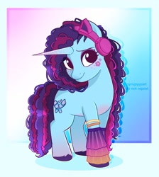 Size: 2154x2399 | Tagged: safe, artist:syrupyyy, imported from derpibooru, pony, unicorn, blushing, bracelet, cornrows, cute, female, freckles, g5, headphones, jewelry, looking at you, mare, misty brightdawn, mistybetes, solo, toy interpretation, unshorn fetlocks