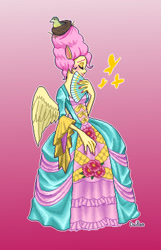 Size: 1027x1594 | Tagged: safe, artist:ddddaikon, imported from derpibooru, fluttershy, bird, butterfly, human, alternate hairstyle, beehive hairdo, bird nest, blushing, clothes, dress, eared humanization, eyes closed, fan, female, gown, gradient background, humanized, nest, pixel art, pony coloring, solo, winged humanization, wings