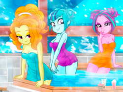 Size: 1240x930 | Tagged: safe, artist:charliexe, imported from derpibooru, adagio dazzle, aria blaze, sonata dusk, human, equestria girls, adoragio, ariabetes, bare shoulders, bedroom eyes, breasts, cleavage, cupcake, cute, dessert, drink, female, food, hot springs, lip bite, naked towel, onsen, smiling, sonatabetes, the dazzlings, trio, trio female