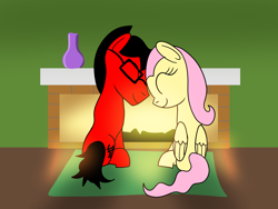 Size: 1440x1080 | Tagged: safe, artist:platinumdrop, imported from derpibooru, fluttershy, oc, oc:penn rail, female, fire, fireplace, male, request, shipping, snuggling