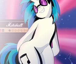 Size: 1280x1080 | Tagged: safe, artist:reinbou, imported from derpibooru, dj pon-3, vinyl scratch, pony, semi-anthro, unicorn, female, guitar amplifier, light, mare, marshall jcm 800, simple background, solo