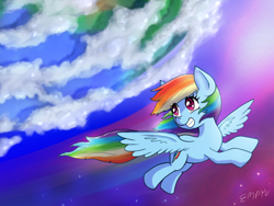 Size: 1200x900 | Tagged: safe, artist:empyu, imported from derpibooru, rainbow dash, pegasus, pony, cloud, earth, eye clipping through hair, female, flying, grin, looking back, mare, signature, sky, smiling, solo, spread wings, wings