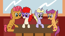 Size: 1920x1080 | Tagged: safe, artist:platinumdrop, imported from derpibooru, babs seed, dinky hooves, scootaloo, twist, double date, female, lesbian, request, shipping