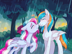 Size: 2048x1536 | Tagged: safe, artist:skysorbett, imported from derpibooru, oc, oc only, pegasus, pony, boop, bow, couple, female, hair bow, male, mare, multicolored hair, multicolored mane, noseboop, park, pegasus oc, rain, shipping, stallion, straight, tree, two toned mane, wet, wet hair, wet mane