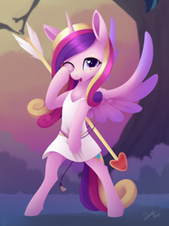Size: 2238x3000 | Tagged: safe, artist:dusthiel, imported from derpibooru, princess cadance, alicorn, pony, semi-anthro, arm hooves, arrow, bipedal, clothes, cupid, cupidance, dress, female, heart, heart eyes, holiday, horn, mare, solo, valentine, valentine's day, wingding eyes, wings