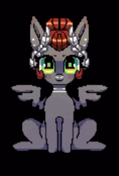 Size: 670x986 | Tagged: safe, artist:rottengotika, imported from derpibooru, oc, oc only, oc:void, pegasus, pony, animated, black background, ear flick, female, laurel, lidded eyes, looking at you, loop, mare, no sound, nose piercing, nose ring, piercing, pixel art, simple background, solo, spread wings, webm, wings