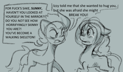 Size: 1164x685 | Tagged: safe, anonymous artist, imported from derpibooru, part of a set, sunny starscout, zipp storm, earth pony, pegasus, pony, series:anorexic sunny, anorexia, anorexic, concave belly, concerned, crying, duo, emaciated, female, folded wings, g5, implied izzy moonbow, mare, part of a series, physique difference, ribs, scared, skinny, starvation, thin, thin legs, unamused, vulgar, wings, yelling, zipp storm is not amused
