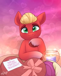 Size: 1641x2048 | Tagged: safe, artist:rivin177, imported from derpibooru, sprout cloverleaf, oc, oc:malarkey, earth pony, pony, candle, canon x oc, commission, cute, g5, heart, heart eyes, holiday, looking at you, male, offscreen character, pov, signature, solo focus, sproutbetes, stallion, valentine, valentine's day, wingding eyes, ych result
