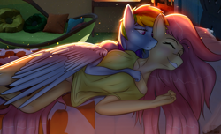 Size: 1280x776 | Tagged: safe, artist:fluffyorbiter, artist:medkit, imported from derpibooru, fluttershy, rainbow dash, anthro, pegasus, bed, bedroom, bedroom eyes, blanket, blushing, bottomless, breast fondling, breast grab, breasts, busty fluttershy, cheek kiss, clothes, collaboration, colored pupils, comfy, complex background, couch, cute, daaaaaaaaaaaw, disheveled, dishevelled, duo, eyebrows, eyelashes, eyes closed, fanart, feather, feathered wings, female, flutterdash, fluttershy's cottage, grope, happy, heart, heart eyes, hearts and hooves day, hug, hug from behind, kissing, lesbian, lidded eyes, light, long mane, looking at someone, loose hair, love, lying, lying down, lying on bed, on bed, partial nudity, particles, pillow, rainbow, room, shipping, shirt, short mane, side view, smiling, snuggling, strategically covered, t-shirt, wall of tags, wingding eyes, winghug, wings