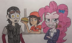 Size: 1716x1018 | Tagged: safe, artist:jebens1, imported from derpibooru, pinkie pie, human, equestria girls, casey jones, his cheeseburger, parody, silly songs, silly songs with pinkie, traditional art, veggietales