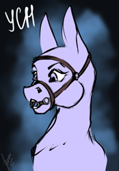 Size: 1640x2360 | Tagged: safe, artist:stirren, imported from derpibooru, pony, ambiguous gender, bridle, bust, commission, ears up, gag, portrait, ring gag, solo, tack, your character here