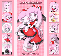 Size: 2200x2000 | Tagged: safe, artist:jdan-s, imported from derpibooru, oc, oc only, oc:cyberia heart, human, original species, pony, rabbit, robot, robot pony, animal, birthday, bow, clothes, companion cube, dress, eared humanization, holiday, humanized, pixiv, portal (valve), self paradox, self ponidox, tail, tailed humanization, valentine's day