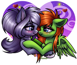 Size: 2056x1749 | Tagged: safe, artist:kruszynka25, imported from derpibooru, oc, oc only, oc:elizza, oc:iwi star, earth pony, pegasus, earth pony oc, female, floating heart, heart, heart eyes, holiday, lesbian, looking at each other, looking at someone, oc x oc, pegasus oc, shipping, simple background, transparent background, valentine's day, wingding eyes