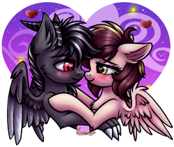 Size: 2011x1696 | Tagged: safe, artist:kruszynka25, imported from derpibooru, oc, oc only, oc:metal wing, pegasus, female, floating heart, heart, heart eyes, holiday, looking at each other, looking at someone, male, oc x oc, pegasus oc, shipping, simple background, straight, transparent background, valentine's day, wingding eyes