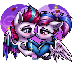 Size: 600x524 | Tagged: safe, artist:kruszynka25, imported from derpibooru, zipp storm, oc, oc:northstar, pegasus, pony, canon x oc, female, floating heart, g5, heart, heart eyes, holiday, lesbian, looking at each other, looking at someone, pegasus oc, simple background, transparent background, valentine's day, wingding eyes