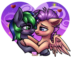 Size: 2021x1618 | Tagged: safe, artist:kruszynka25, imported from derpibooru, oc, oc:bulwark, oc:sparky starfall, pegasus, unicorn, floating heart, gay, heart, heart eyes, holiday, horn, looking at each other, looking at someone, male, pegasus oc, simple background, transparent background, unicorn oc, valentine's day, wingding eyes