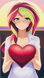 Size: 864x1536 | Tagged: safe, imported from derpibooru, sunset shimmer, human, equestria girls, ai content, ai generated, beautiful, blushing, box, chocolate, clothes, food, generator:novelai, generator:stable diffusion, heart shaped box, hearts and hooves day, holiday, humanized, looking at you, offscreen character, pov, present, prompter:sammykun, shirt, valentine's day