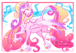 Size: 2480x1754 | Tagged: safe, artist:liechisenshi, imported from derpibooru, princess cadance, alicorn, pony, alternate design, curved horn, eyes closed, female, horn, leonine tail, mare, solo, tail, unshorn fetlocks