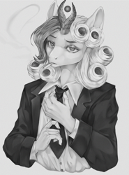 Size: 2000x2700 | Tagged: safe, artist:sarrash, imported from derpibooru, oc, oc:razlad, anthro, cigarette, clothes, helix horn, horn, looking at you, mafia, monochrome, necktie, shirt, smoking, solo, suit