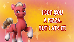 Size: 1200x675 | Tagged: safe, edit, imported from derpibooru, sprout cloverleaf, earth pony, pony, g5, holiday, implied pizza, male, pure unfiltered evil, solo, stallion, text, valentine, valentine's day