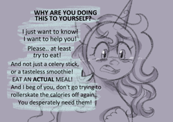 Size: 1026x723 | Tagged: safe, anonymous artist, imported from derpibooru, izzy moonbow, pony, unicorn, series:anorexic sunny, anorexia, begging, concerned, crying, dialogue, g5, implied sunny starscout, offscreen character, sad, talking, unshorn fetlocks