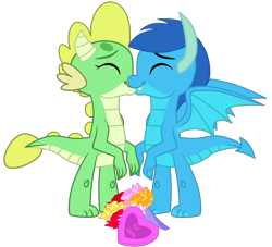 Size: 2528x2291 | Tagged: safe, artist:ponygamer2020, imported from derpibooru, oc, oc only, oc:frosty, oc:frosty the dragon, oc:jade, dragon, box of chocolates, dragon oc, dragoness, ear fluff, female, flower, hearts and claws day, hearts and hooves day, holiday, horn, ice dragon, kiss on the lips, kissing, male, non-pony oc, oc x oc, scales, shipping, simple background, smiling, spread wings, straight, tail, teenaged dragon, transparent background, valentine's day, vector, wings