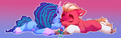 Size: 3792x1200 | Tagged: safe, artist:fantein, imported from derpibooru, sprout cloverleaf, butterfly, earth pony, pony, unicorn, clover, cute, duo, eyes closed, female, g5, gradient background, hearts and hooves day, holding hooves, lying down, male, mare, misty brightdawn, mistybetes, mistyclover, shipping, sproutbetes, stallion, straight, unshorn fetlocks