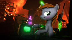Size: 3840x2160 | Tagged: safe, artist:lagmanor, imported from derpibooru, oc, oc only, oc:littlepip, pony, unicorn, fallout equestria, 3d, assault rifle, bag, blurry background, blushing, bottle, clothes, clothes on floor, dark background, dirty, eyelashes, female, glowing, glowing horn, green eyes, gun, handgun, heart, high res, holiday, horn, jumpsuit, lidded eyes, looking at you, looking back, looking back at you, magic, mattress, medkit, optical sight, pipbuck, pistol, pointing, raised leg, revolver, rifle, ruins, seductive pose, sitting, smiling, smiling at you, solo, source filmmaker, sparkle cola, sunset, telekinesis, terminal, undressed, valentine's day, vault suit, wall of tags, wasteland, weapon, zebra rifle