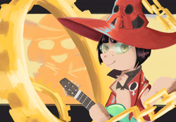 Size: 5600x3900 | Tagged: safe, artist:elissette_anne, imported from derpibooru, pony, semi-anthro, chains, clothes, gears, glasses, guilty gear, guitar, hat, i-no, jacket, musical instrument, parody, ponified, reference, short hair, solo