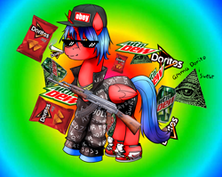 Size: 4740x3766 | Tagged: safe, artist:bluvsred, imported from derpibooru, oc, oc only, alicorn, pony, ak-47, assault rifle, blunt, chips, doritos, food, gradient background, gun, illuminati, male, mlg, mountain dew, obey, rainbow background, rifle, stallion, sunglasses, swag glasses, weapon