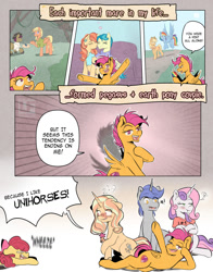 Size: 1024x1303 | Tagged: safe, artist:redheadfly, imported from derpibooru, apple bloom, applejack, aunt holiday, auntie lofty, gilded lily, mane allgood, rainbow dash, scootaloo, snap shutter, sweetie belle, oc, oc:turning page, earth pony, pegasus, pony, unicorn, apple, apple bloom's bow, appledash, bow, dialogue, female, floating heart, food, hair bow, heart, lesbian, onomatopoeia, scootabelle, scootalily, shipping, sound effects, speech bubble, zap apple