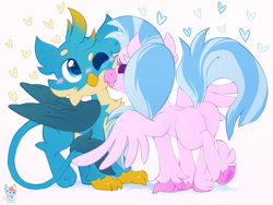 Size: 1320x990 | Tagged: safe, artist:rainbow eevee, imported from derpibooru, gallus, silverstream, griffon, hippogriff, birb, blue eyes, blushing, butt, cheek fluff, cheek kiss, chest fluff, chibi, cute, diastreamies, digital art, dock, duo, female, folded wings, gallabetes, gallstream, heart, holiday, kissing, looking up, male, one eye closed, plot, shipping, simple background, spread wings, straight, streambutt, tail, underhoof, valentine's day, wings