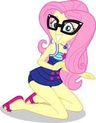 Size: 2357x3011 | Tagged: safe, artist:dustinwatsongkx, imported from derpibooru, fluttershy, human, equestria girls, accessory swap, bare shoulders, clothes, clothes swap, female, geode of telekinesis, glasses, grin, magical geodes, one-piece swimsuit, sandals, sci-twi swimsuit, simple background, sleeveless, smiling, solo, swimsuit, swimsuit swap, transparent background
