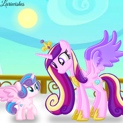 Size: 1400x1400 | Tagged: safe, artist:mlplary6, imported from derpibooru, princess cadance, princess flurry heart, alicorn, pony, crown, cute, female, filly, filly flurry heart, foal, hoof shoes, jewelry, looking at each other, looking at someone, mare, mother and child, mother and daughter, regalia, sky, smiling, smiling at each other, spread wings, sun, wings