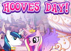 Size: 636x457 | Tagged: safe, imported from derpibooru, screencap, princess cadance, shining armor, alicorn, pony, unicorn, cropped, crown, duo, female, gameloft, hearts and hooves day, jewelry, male, mare, meme, my little pony: magic princess, regalia, smiling, stallion, text, wow! glimmer