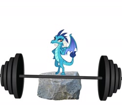 Size: 1800x1551 | Tagged: safe, imported from derpibooru, princess ember, dragon, barbell, confident, flexing, rock, simple background, solo, weights, white background