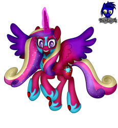 Size: 3840x4154 | Tagged: safe, artist:damlanil, imported from derpibooru, princess cadance, alicorn, pony, armor, clothes, collar, commission, corrupted, ethereal mane, female, gem, grin, heart, helmet, high res, hoof shoes, horn, lovebringer, magic, magic aura, mare, nightmare cadance, nightmarified, sharp teeth, shoes, show accurate, simple background, smiling, solo, teeth, transparent background, vector, wings