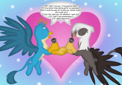 Size: 1076x743 | Tagged: safe, artist:porygon2z, imported from derpibooru, gallus, oc, oc:raiza, griffon, holiday, singing, valentine's day