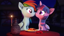 Size: 3840x2160 | Tagged: safe, artist:psfmer, imported from derpibooru, rainbow dash, twilight sparkle, alicorn, pegasus, pony, 3d, accidental kiss, blushing, candle, candlelight, disney, duo, female, flower, food, kiss on the lips, kissing, lady and the tramp, lesbian, meatball, movie reference, night, pasta, plate, ponyville, revamped ponies, rose, shipping, slurp, source filmmaker, spaghetti, spaghetti scene, table, twidash, twilight sparkle (alicorn)