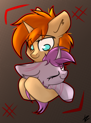 Size: 1769x2376 | Tagged: safe, artist:tz055, imported from derpibooru, oc, oc only, oc:ametist bell, oc:arthur ali, bat pony, unicorn, bat pony oc, cute, female, hug, male