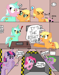 Size: 2548x3196 | Tagged: safe, artist:alyssafire, artist:nightshadowmlp, imported from derpibooru, applejack, lyra heartstrings, pinkie pie, spike, twilight sparkle, alicorn, dragon, earth pony, unicorn, comic:five am at pinkie's: the prequel, comic, dialogue, exclamation point, five nights at freddy's, hatless, interrobang, light, mask, missing accessory, question mark, spitting, twilight sparkle (alicorn)